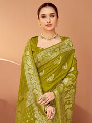 Olive Banarasi Satin Silk Woven Saree - The Dori Store