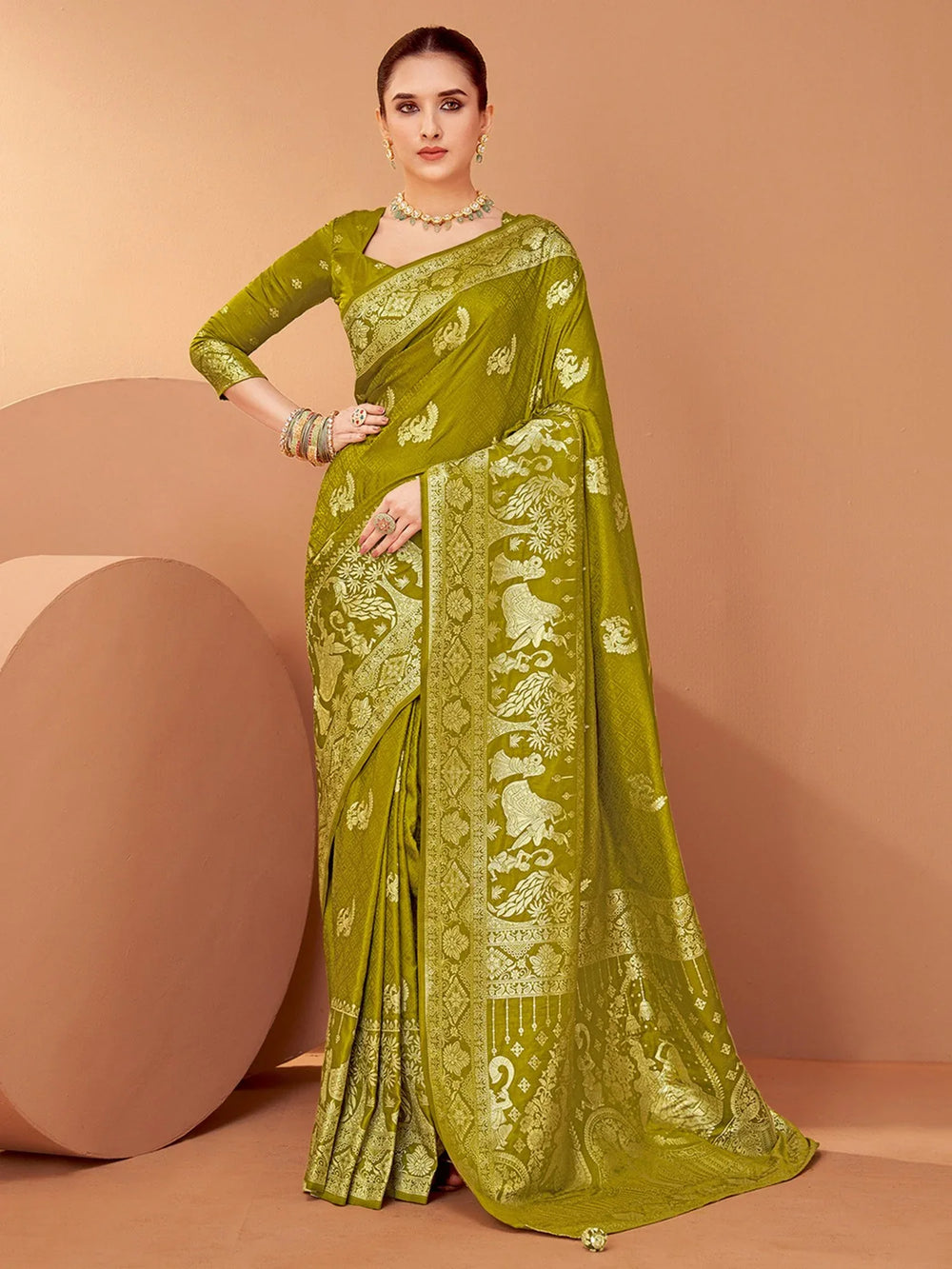 Olive Banarasi Satin Silk Woven Saree - The Dori Store