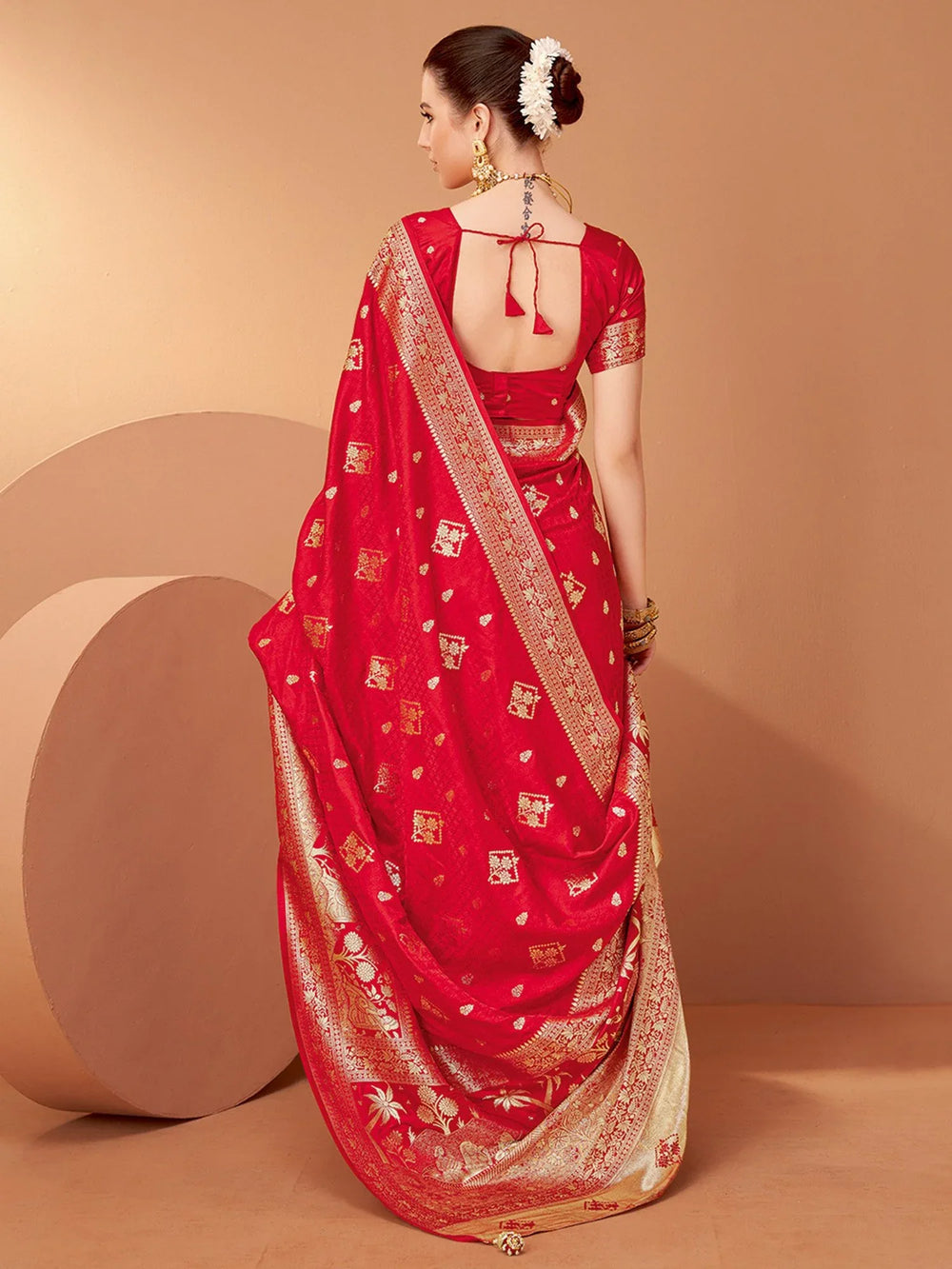 Red Banarasi Satin Silk Woven Saree - The Dori Store