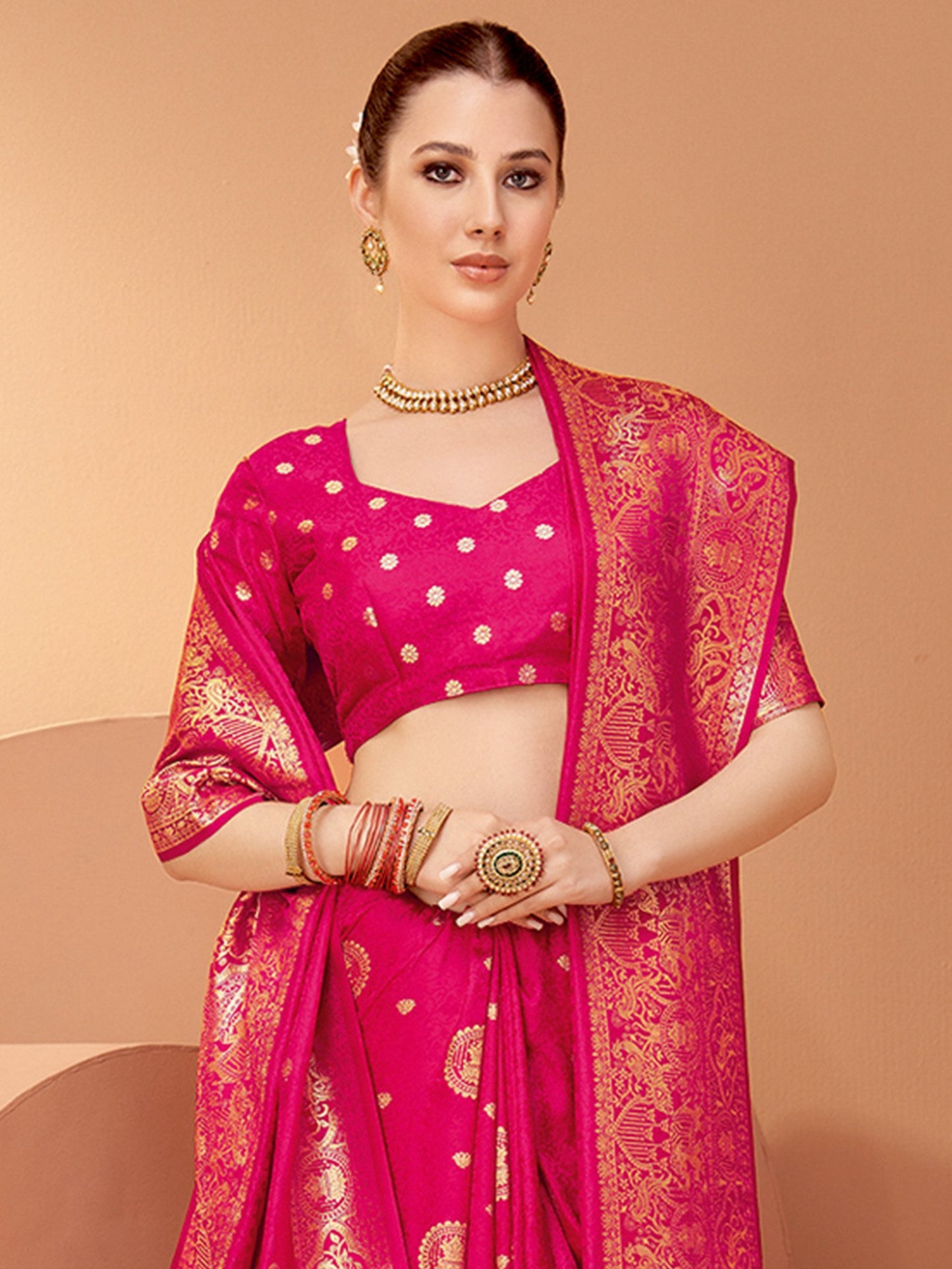 Pink Banarasi Satin Silk Woven Saree
