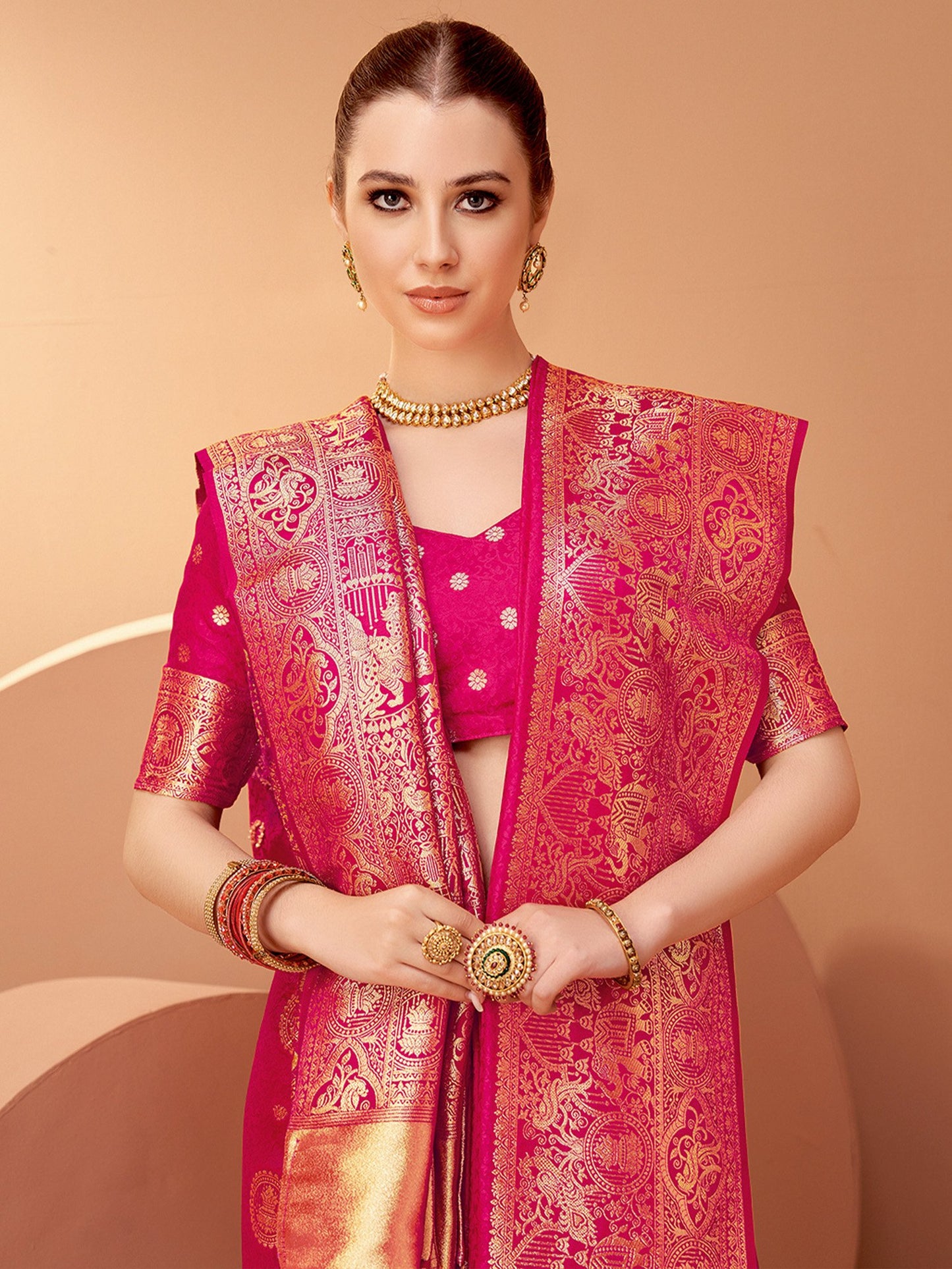 Pink Banarasi Satin Silk Woven Saree