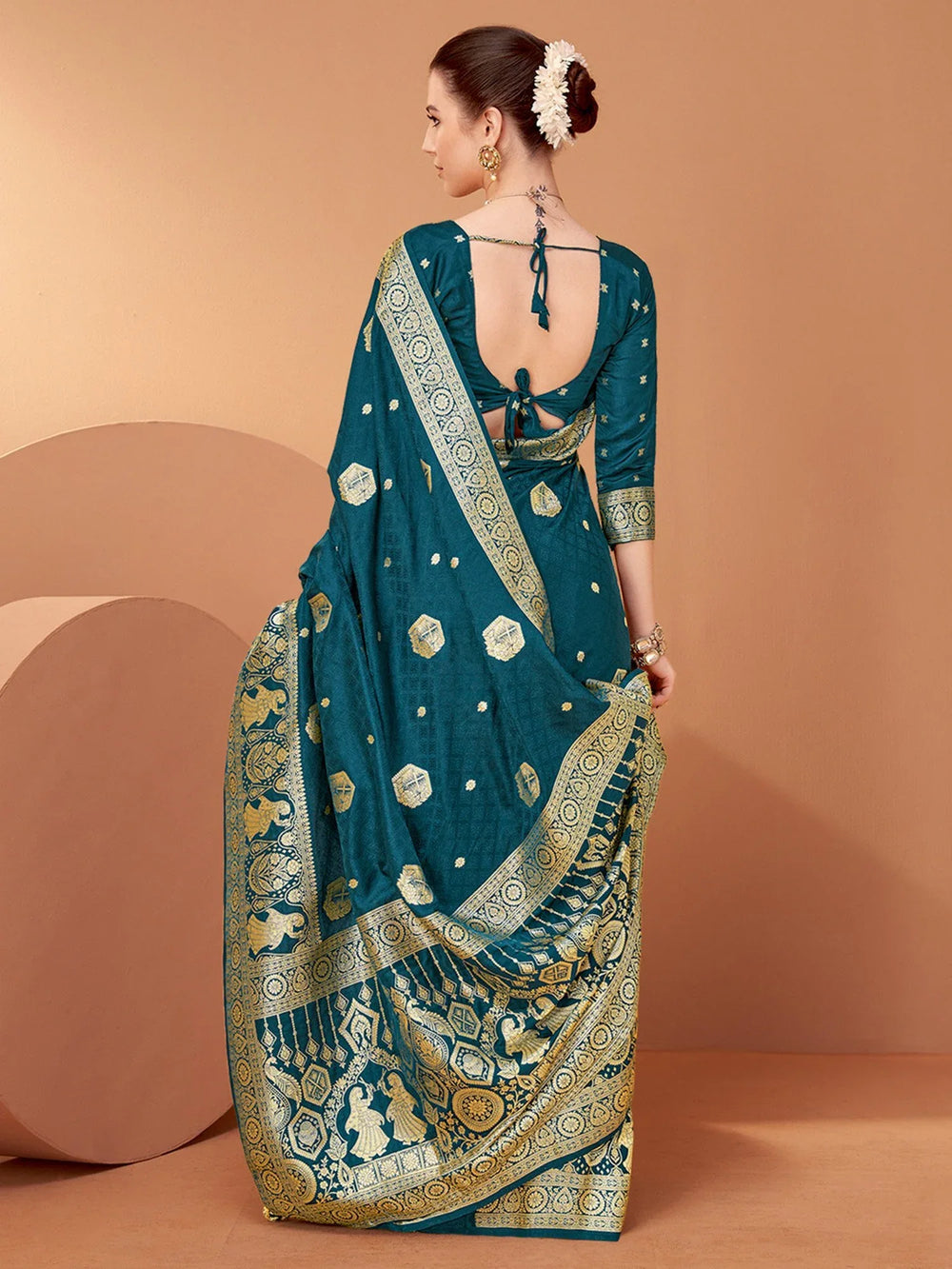 Teal Blue Banarasi Satin Silk Woven Saree - The Dori Store