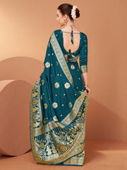 Teal Blue Banarasi Satin Silk Woven Saree - The Dori Store