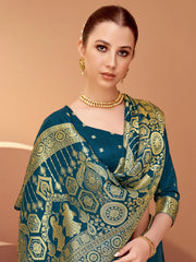 Teal Blue Banarasi Satin Silk Woven Saree - The Dori Store