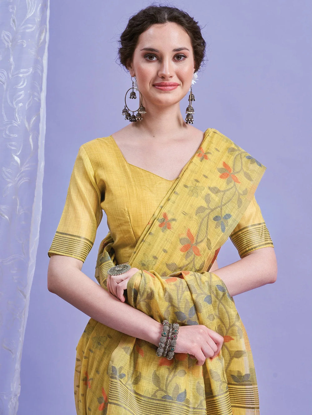 Yellow Khadi Linen Woven Saree - The Dori Store