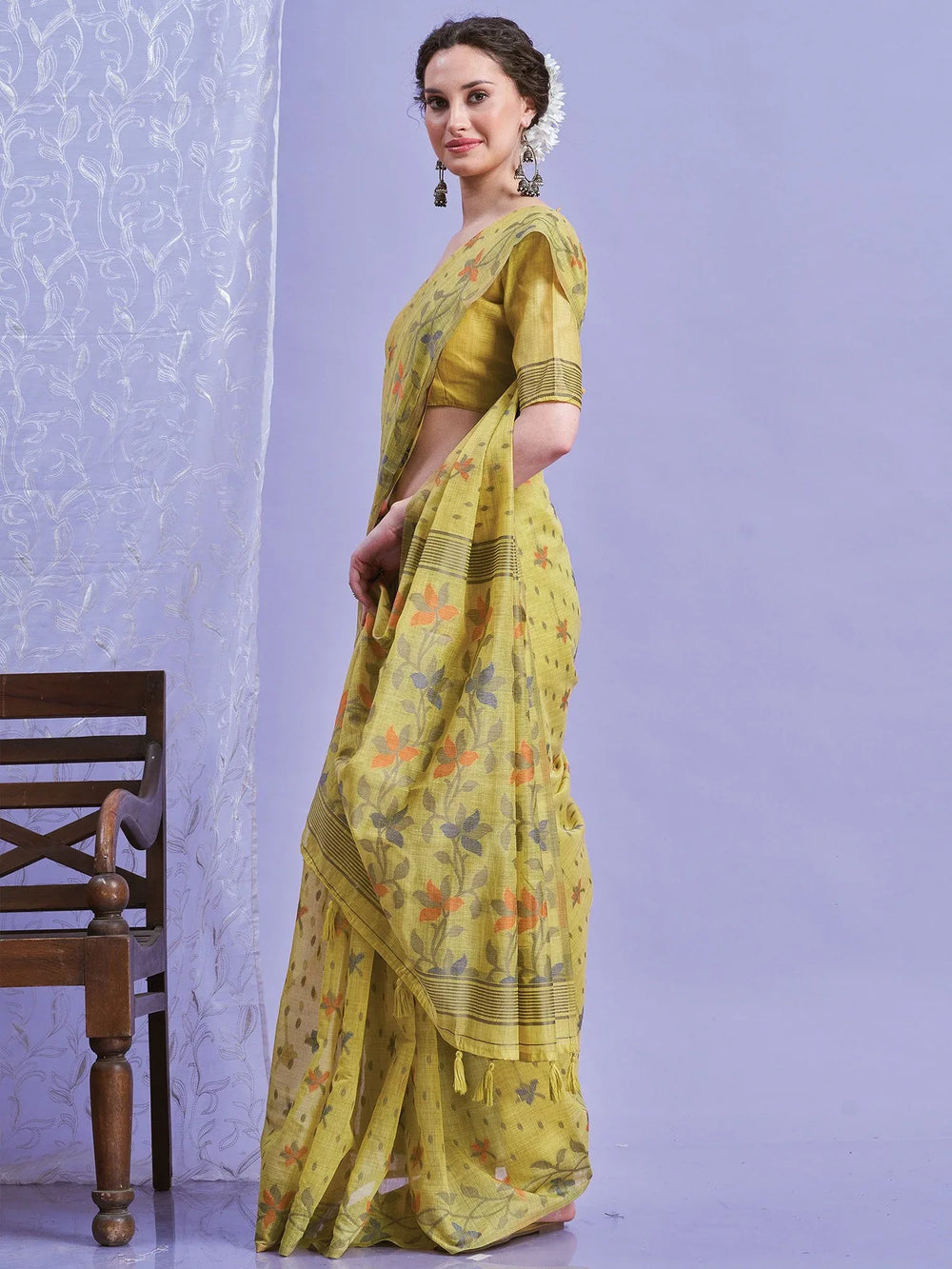 Yellow Khadi Linen Woven Saree - The Dori Store