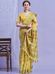 Yellow Khadi Linen Woven Saree - The Dori Store