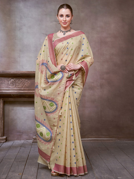 Cream Beige Khadi Linen Woven Saree