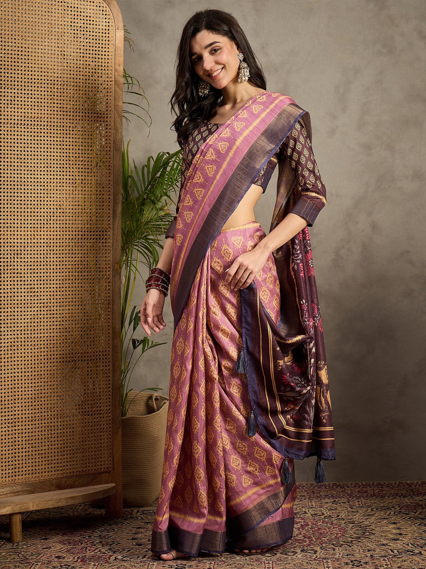 Mauve Banarasi Silk Blend Printed Saree