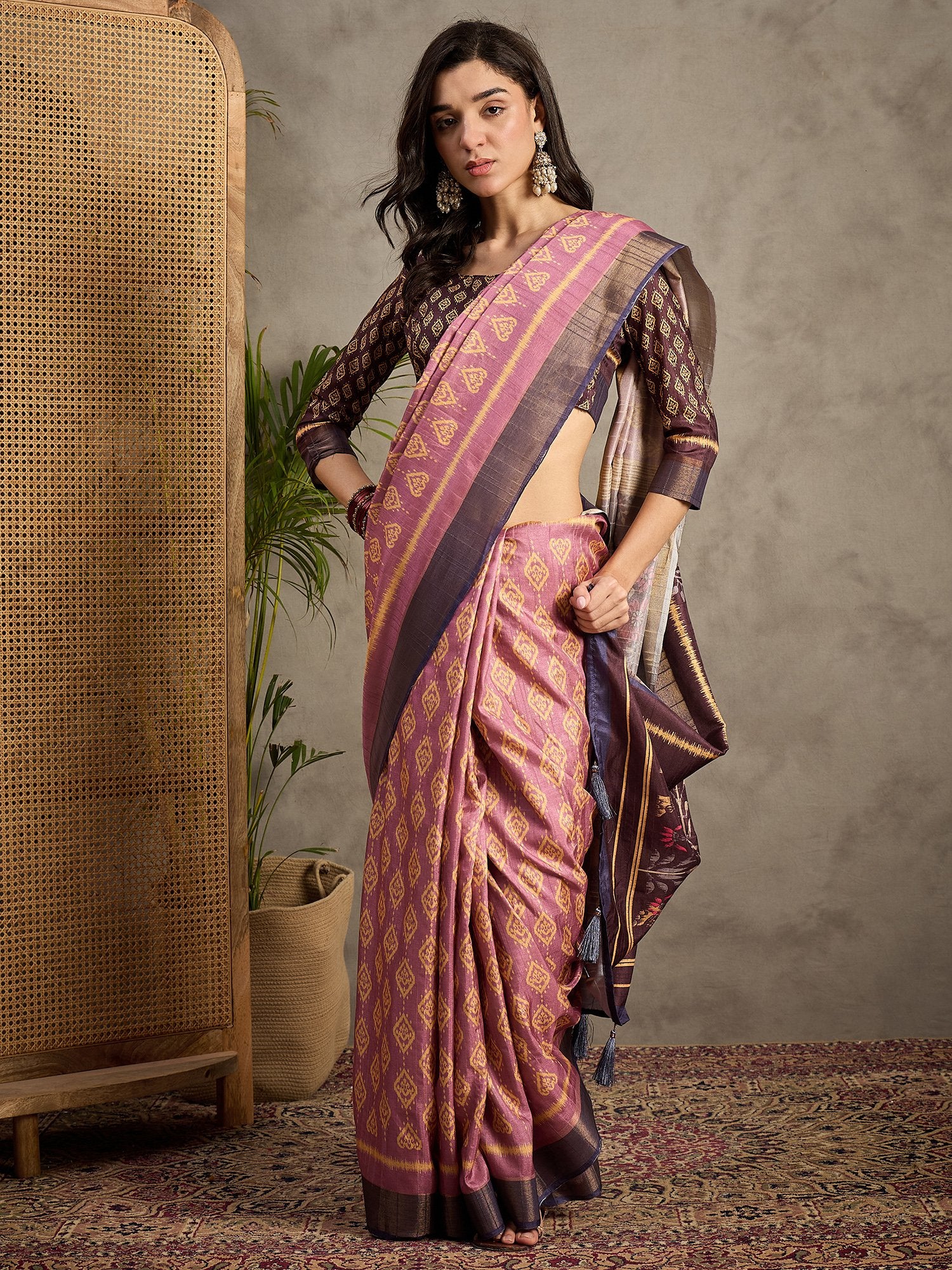 Pink Mauve Banarasi Silk Blend Printed Saree