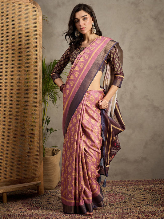 Pink Mauve Banarasi Silk Blend Printed Saree