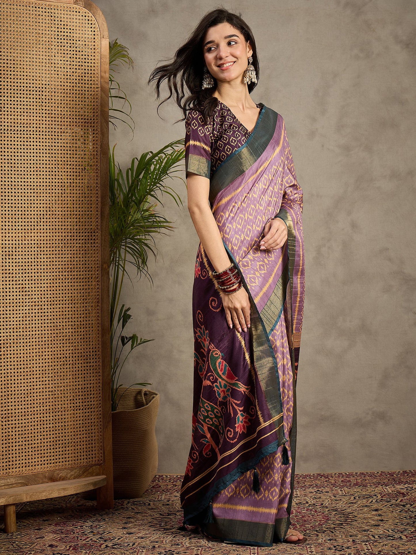 Purple Banarasi Silk Blend Printed Saree