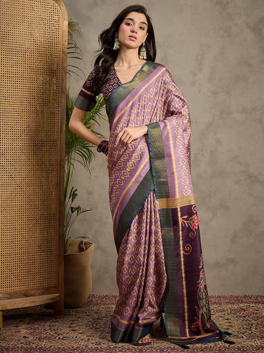 Lavender Purple Banarasi Silk Blend Printed Saree