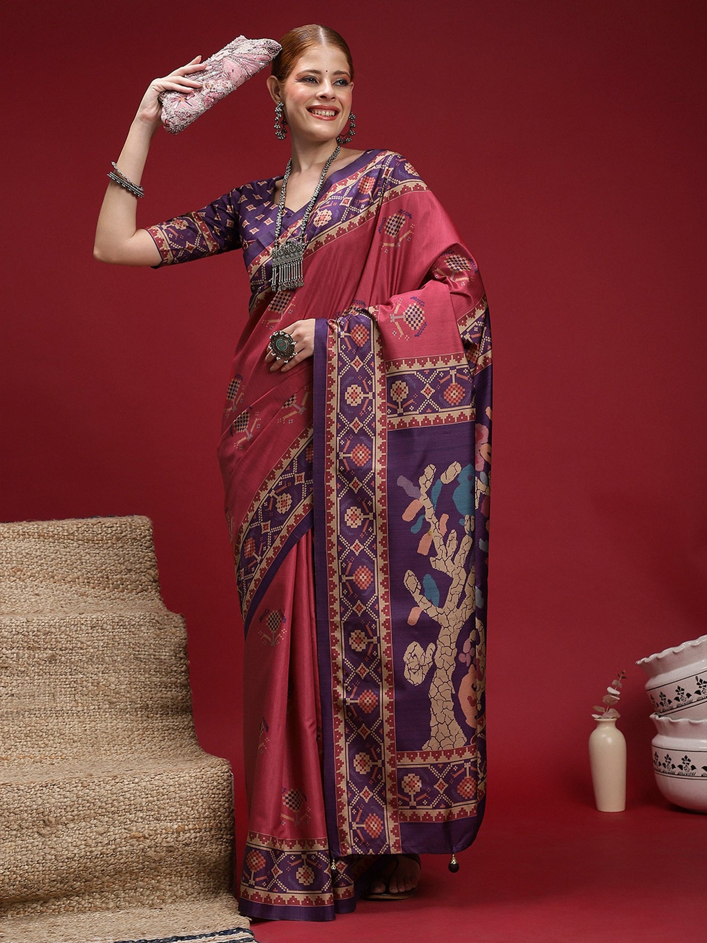 Mauve Chanderi Silk Blend Digital Print Saree