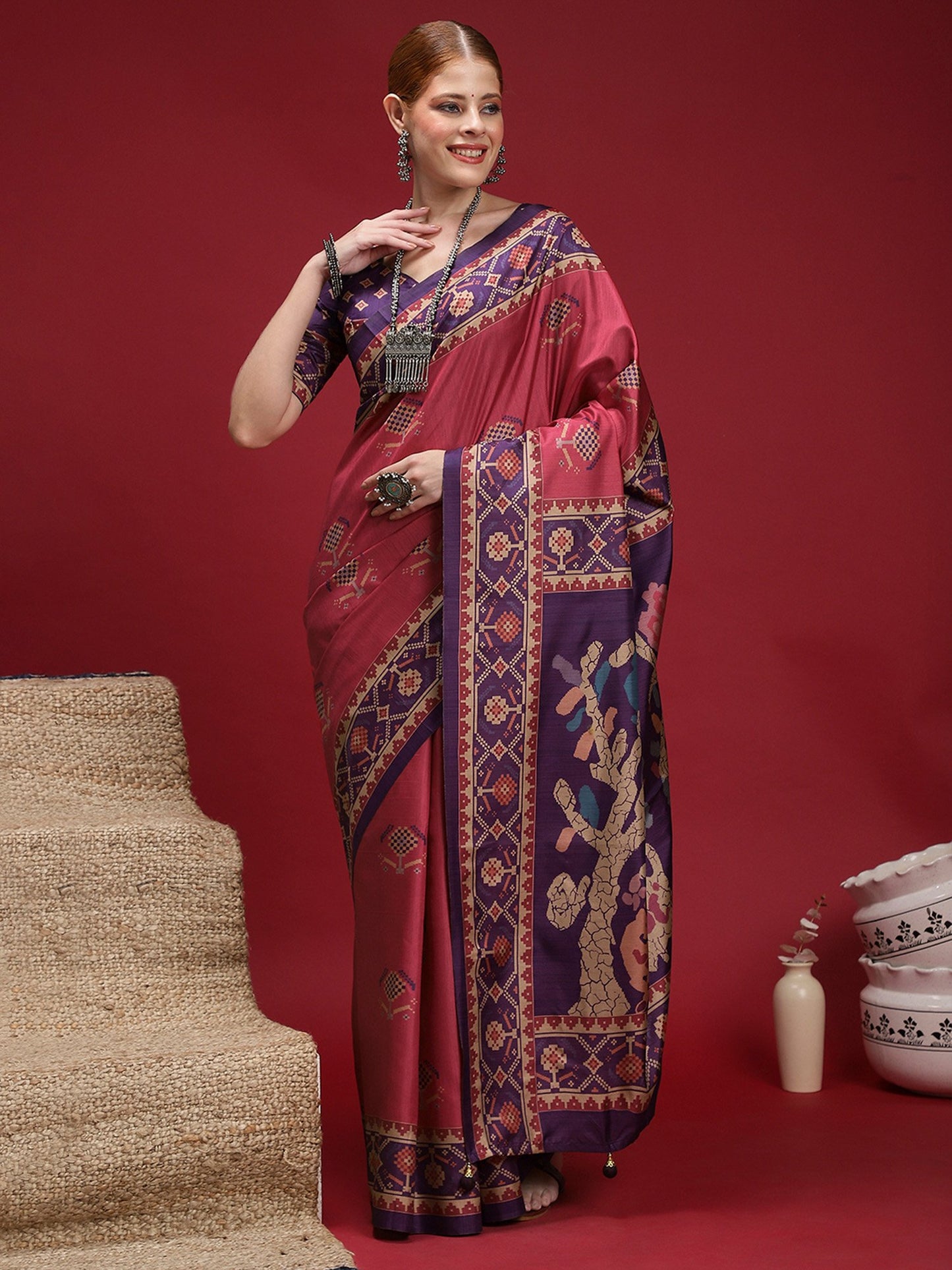 Pink Mauve Chanderi Silk Blend Digital Print Saree