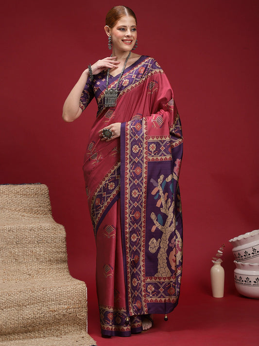 Pink Mauve Chanderi Silk Blend Digital Print Saree