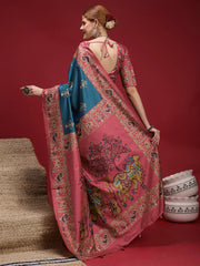 Teal Blue Chanderi Silk Blend Print Saree - The Dori Store