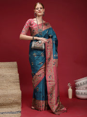 Teal Blue Chanderi Silk Blend Print Saree - The Dori Store
