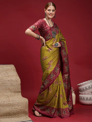 Olive Chanderi Silk Blend Digital Print Saree - The Dori Store