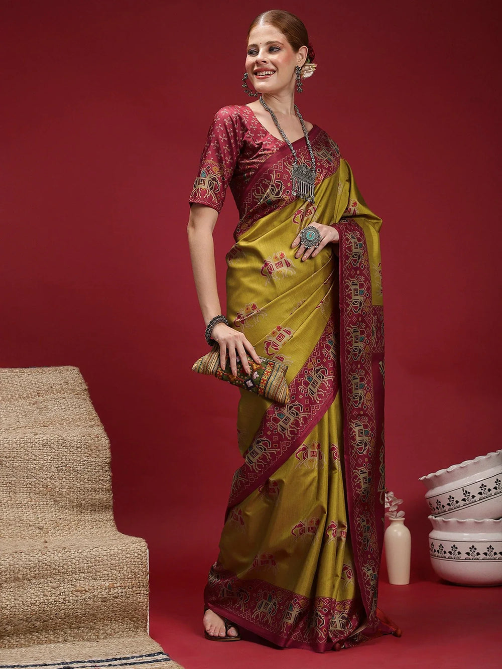 Olive Chanderi Silk Blend Digital Print Saree - The Dori Store