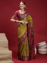 Olive Chanderi Silk Blend Digital Print Saree - The Dori Store