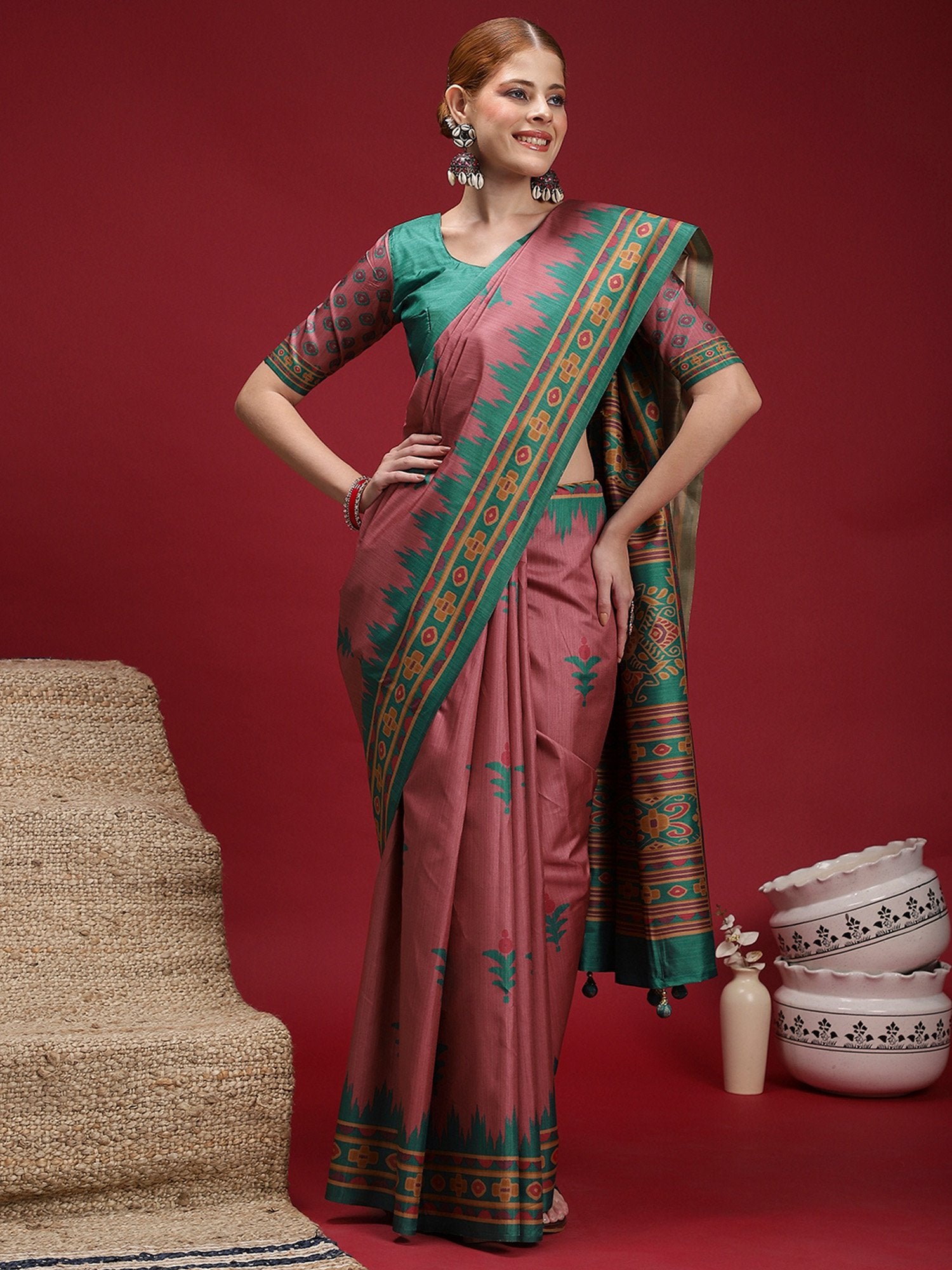 Pink Mauve Chanderi Silk Blend Digital Print Saree