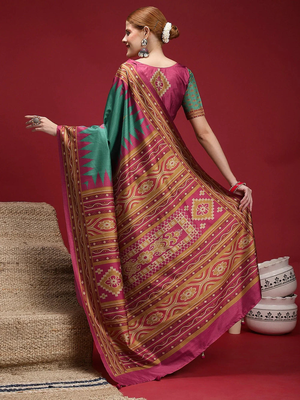 Teal Green Chanderi Silk Blend Festive Print Saree - The Dori Store