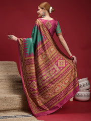 Teal Green Chanderi Silk Blend Festive Print Saree - The Dori Store
