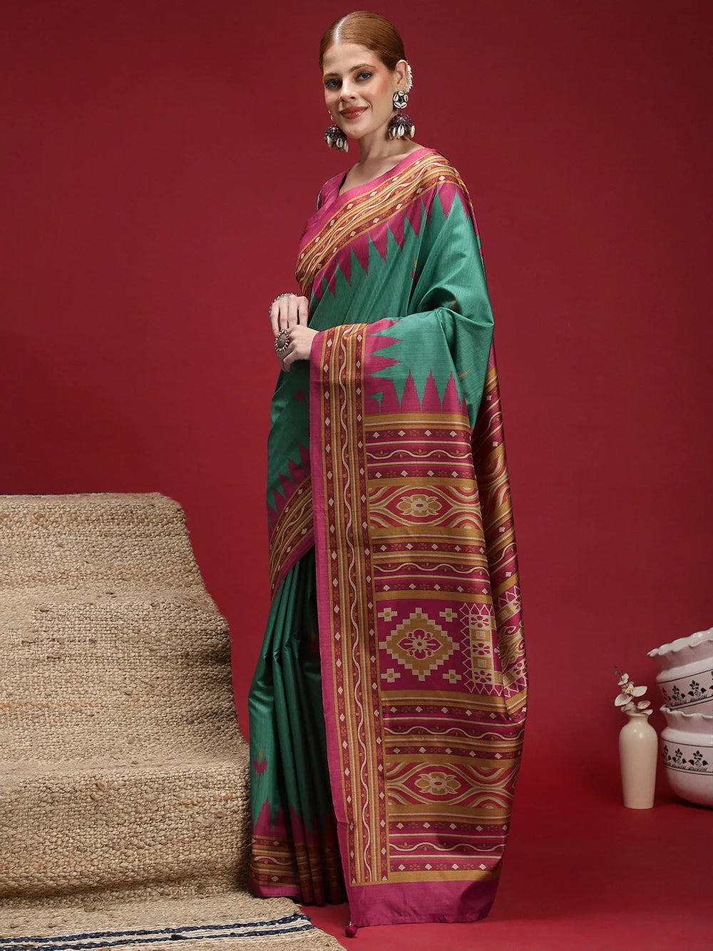 Teal Green Chanderi Silk Blend Festive Print Saree - The Dori Store
