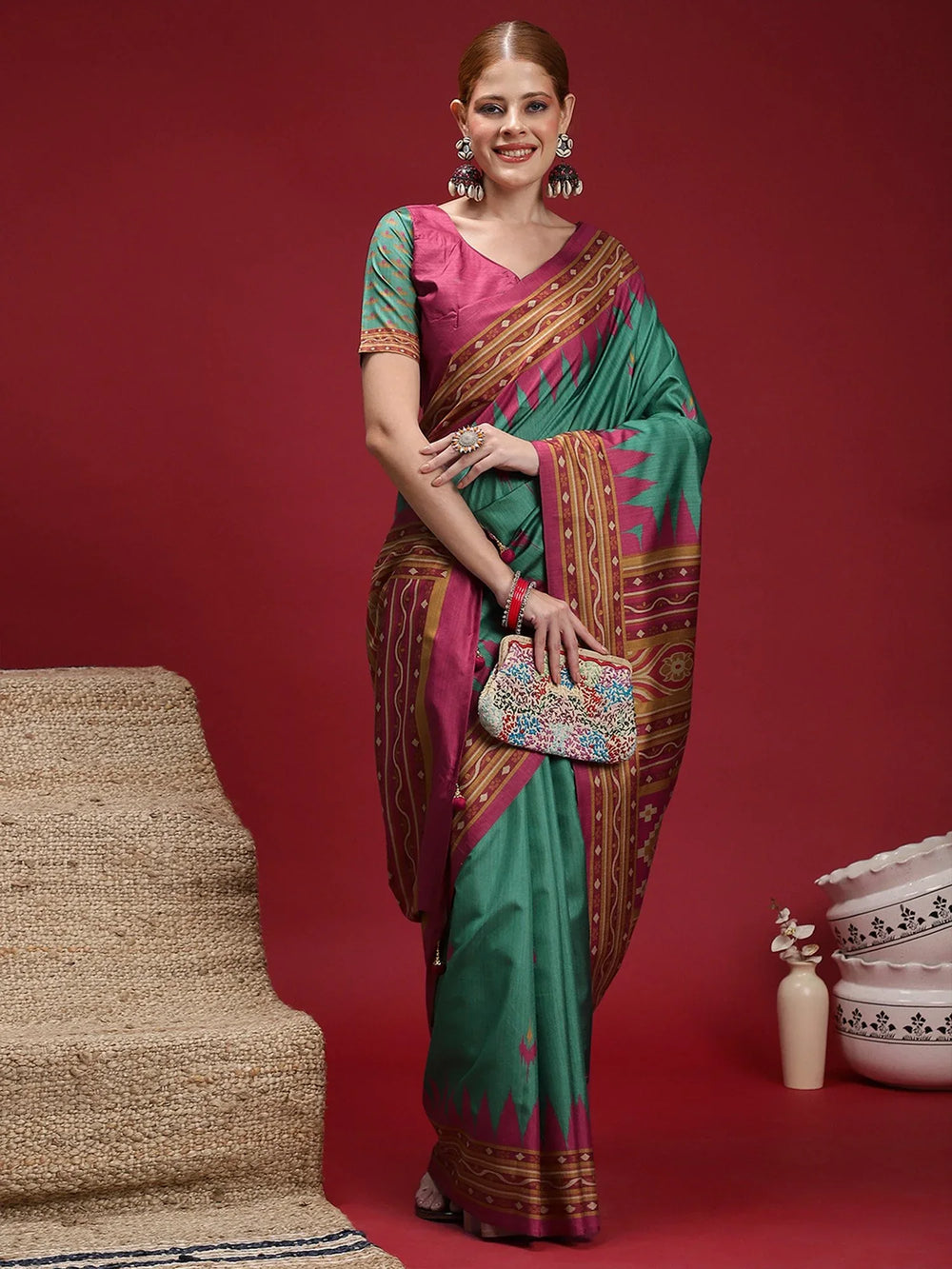 Teal Green Chanderi Silk Blend Festive Print Saree - The Dori Store