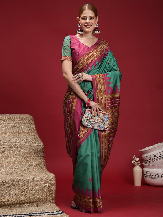 Green Teal Chanderi Silk Blend Digital Print Saree