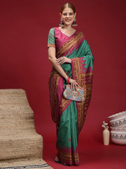 Teal Green Chanderi Silk Blend Festive Print Saree - The Dori Store