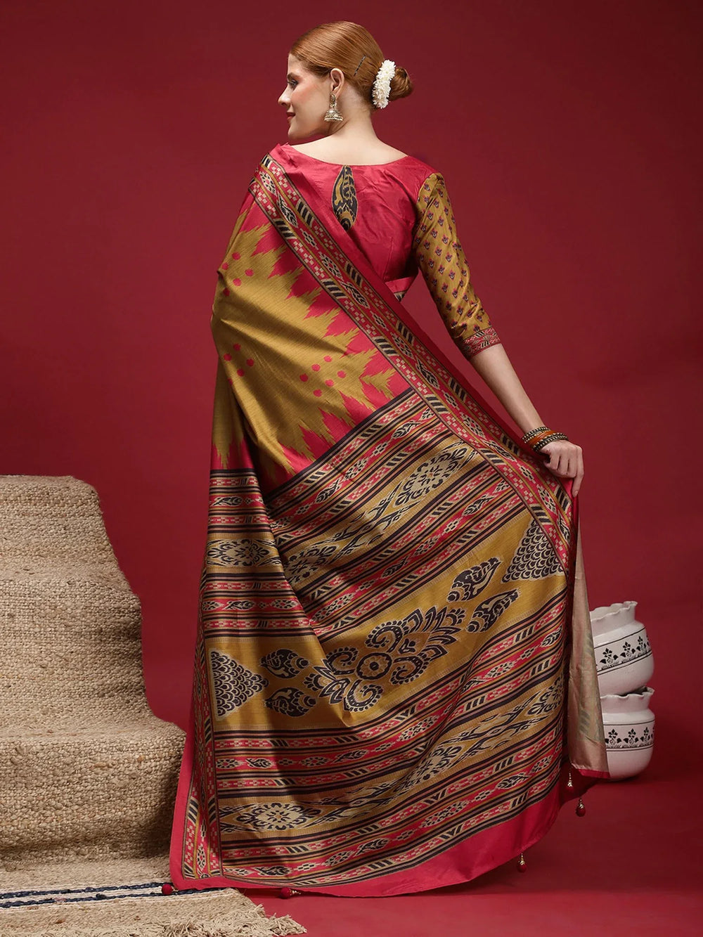 Olive Chanderi Silk Blend Digital Print Saree - The Dori Store