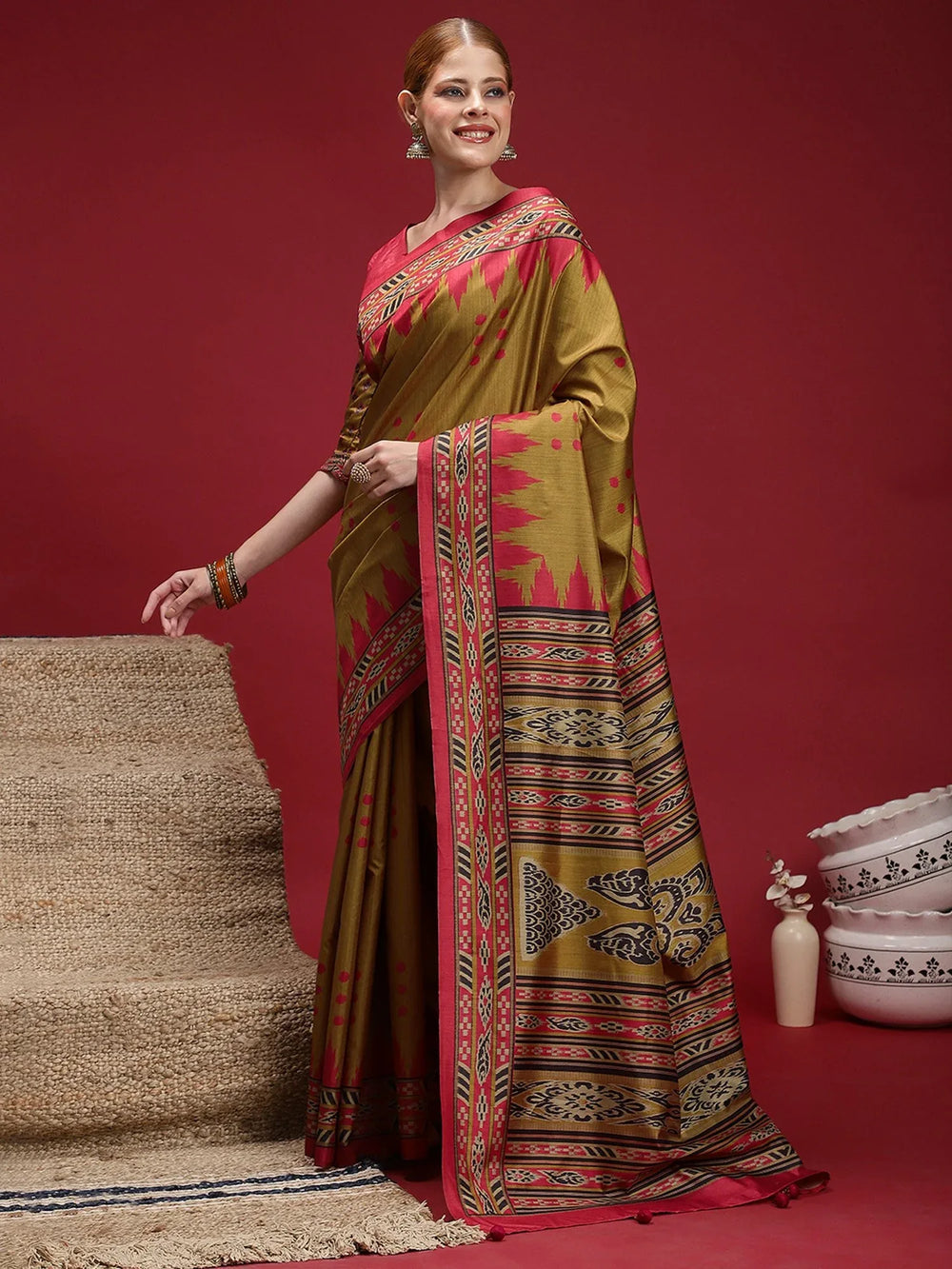 Olive Chanderi Silk Blend Digital Print Saree - The Dori Store