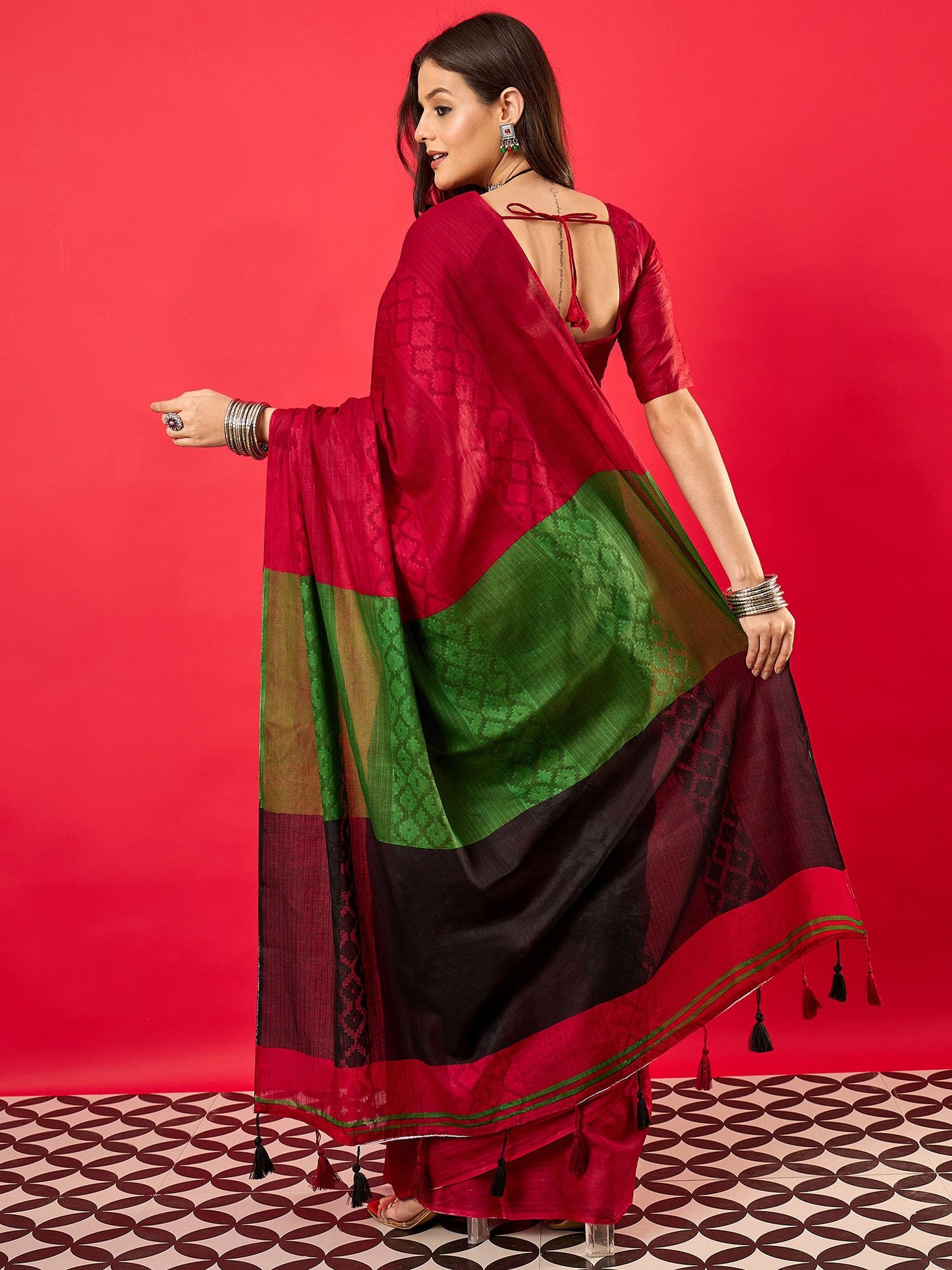 Red Tussar Cotton Digital Print Saree