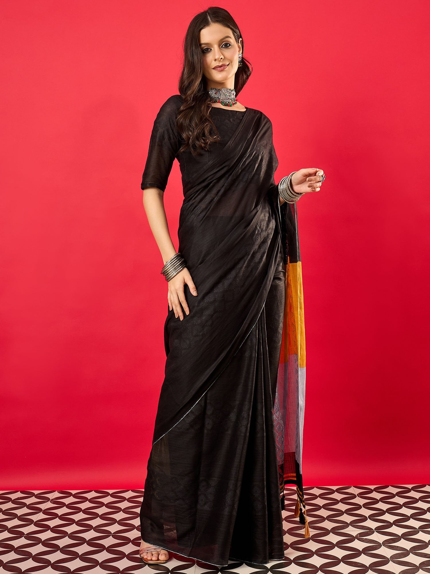 Black Black Tussar Cotton Digital Print Saree