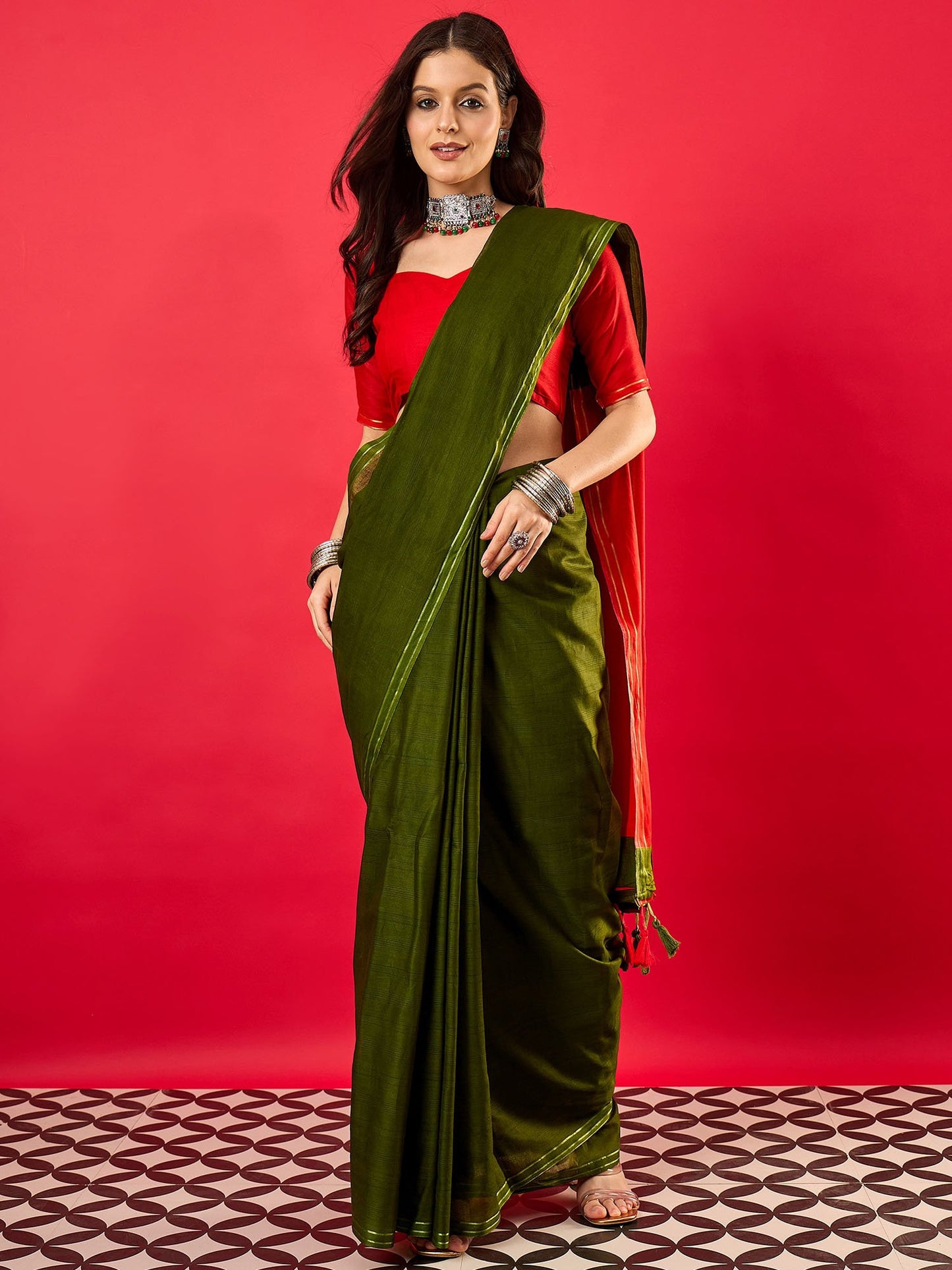 Green Green Mysore Silk Cotton Printed Saree
