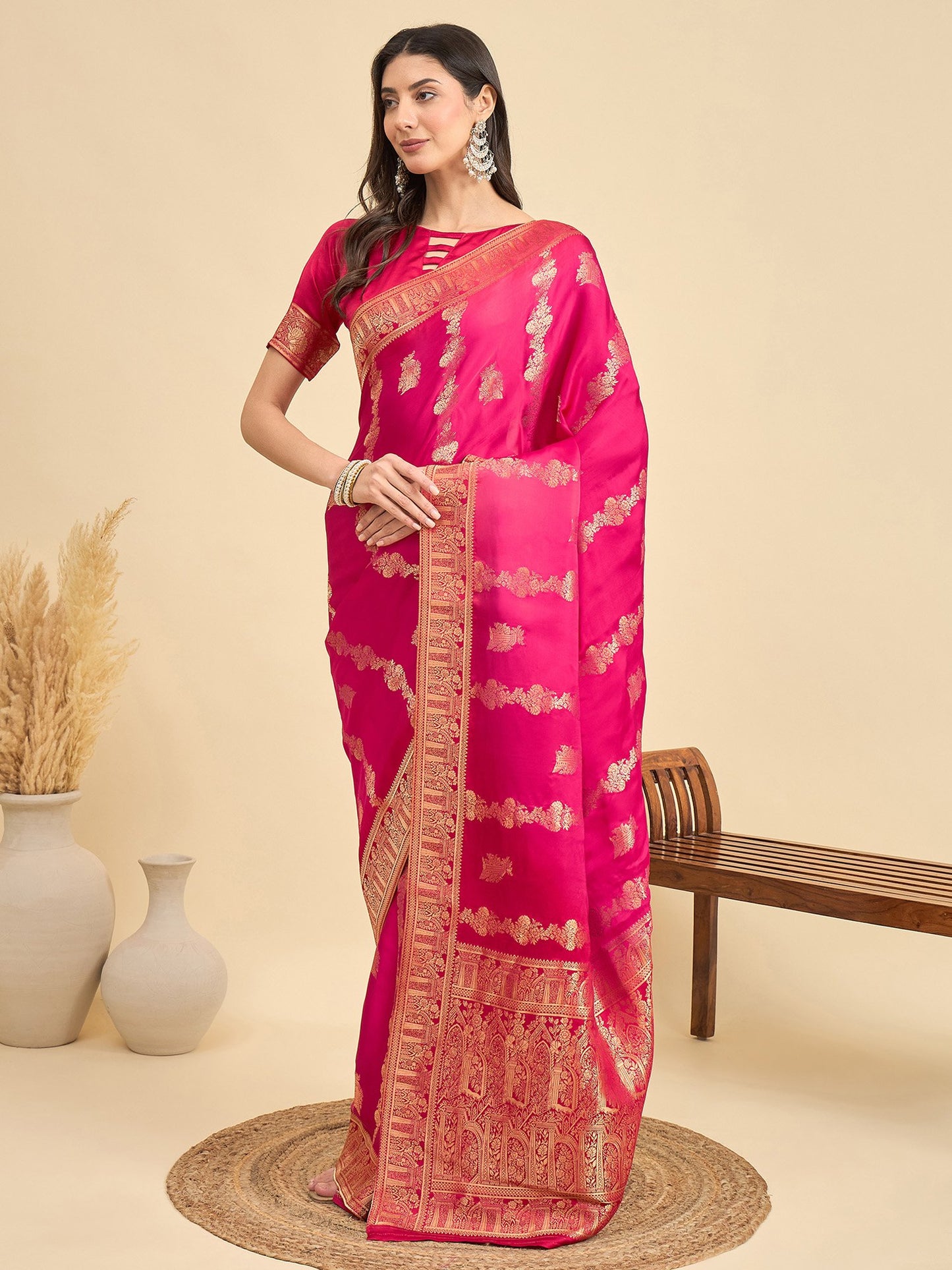 Pink Banarasi Viscose Woven Saree