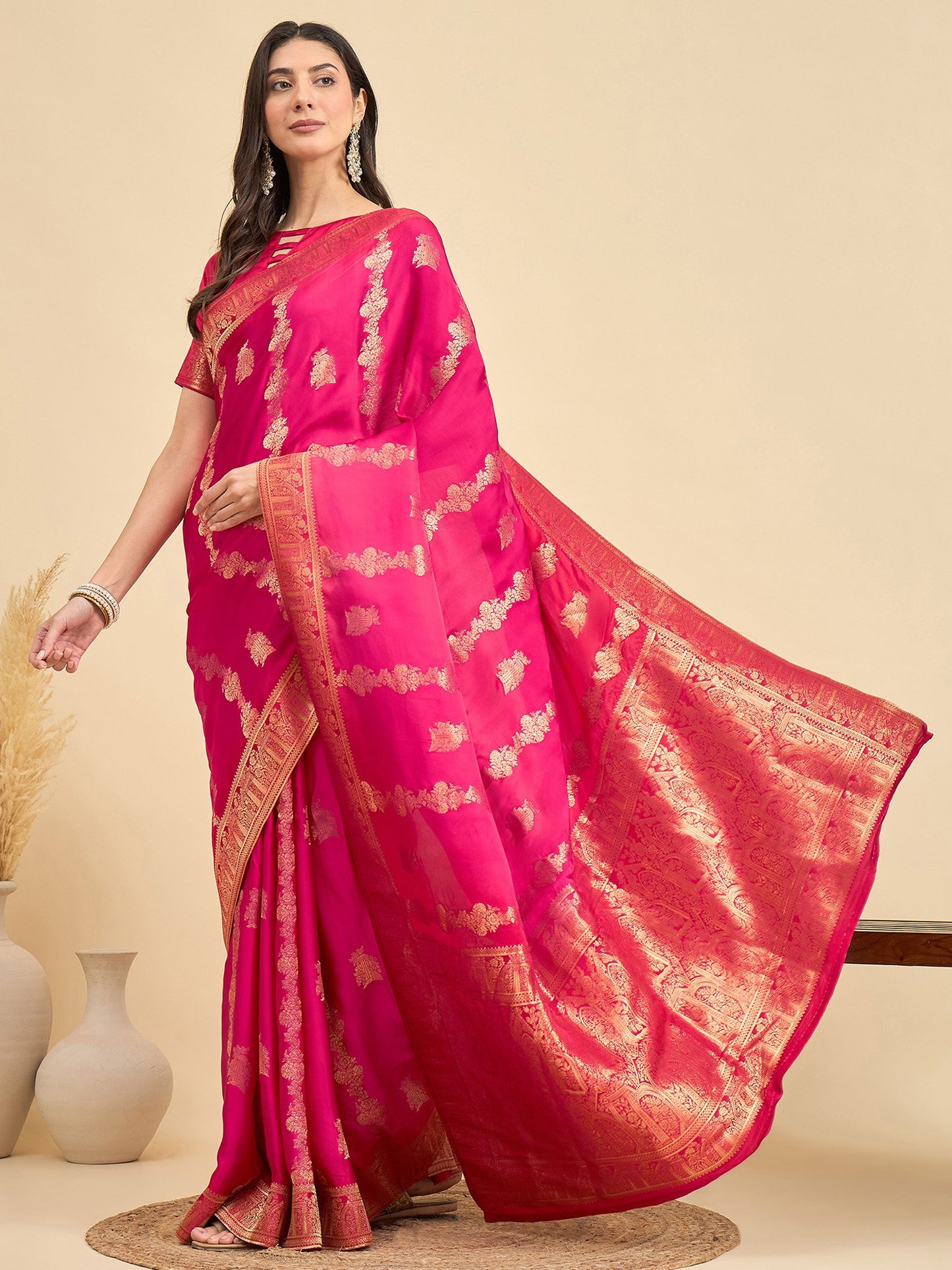 Pink Banarasi Viscose Woven Saree