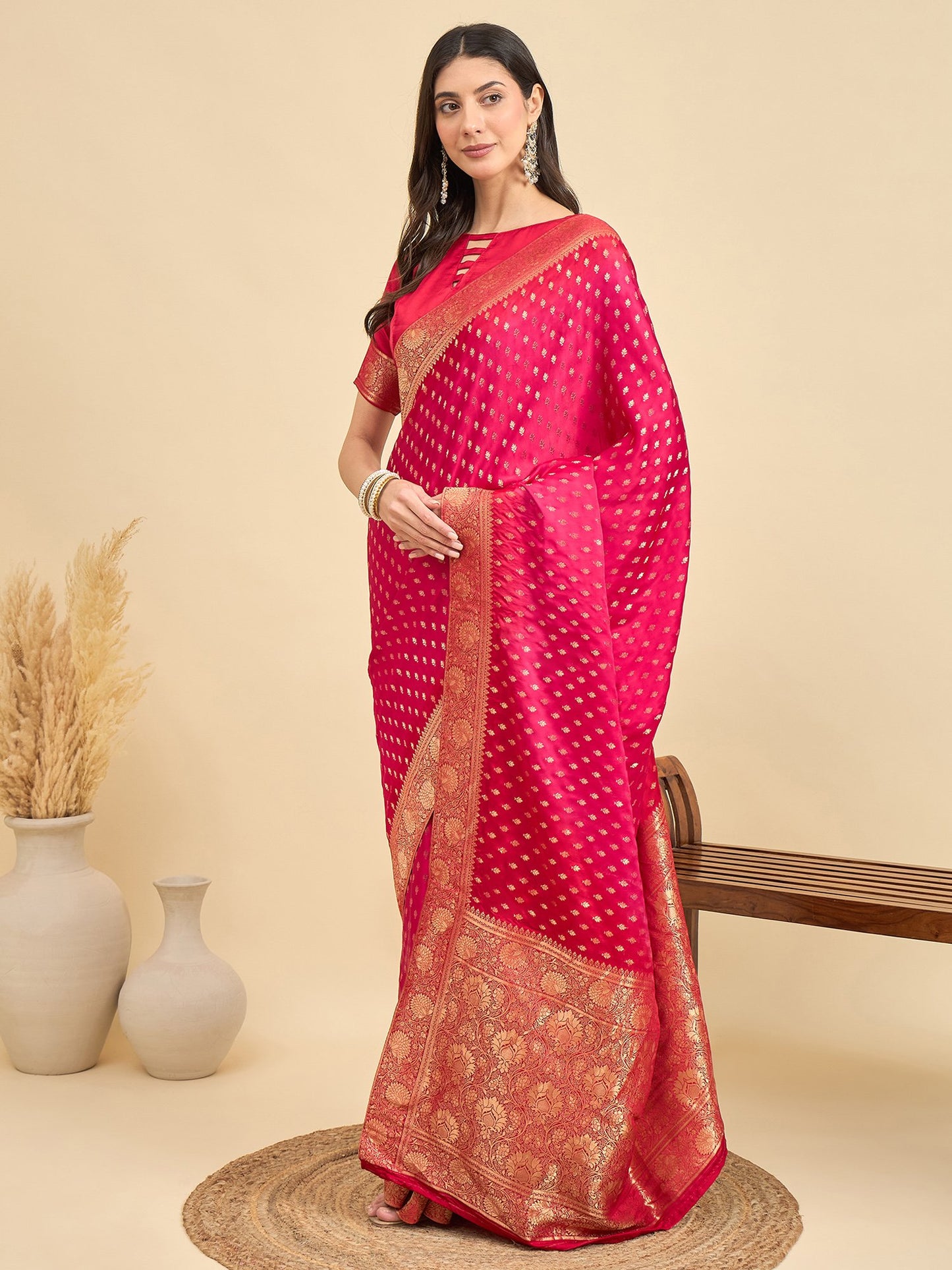 Pink Banarasi Viscose Woven Saree