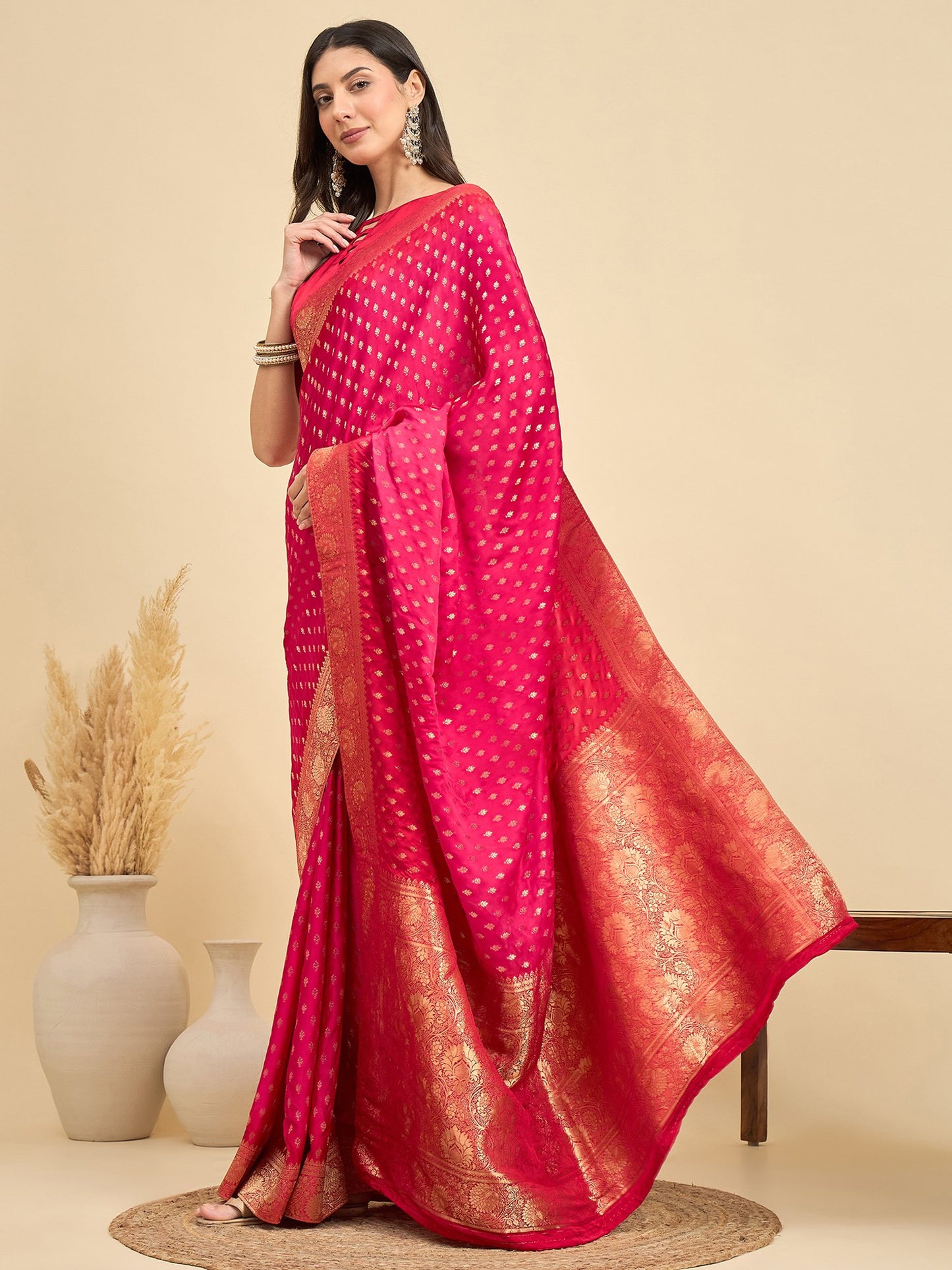 Pink Banarasi Viscose Woven Saree