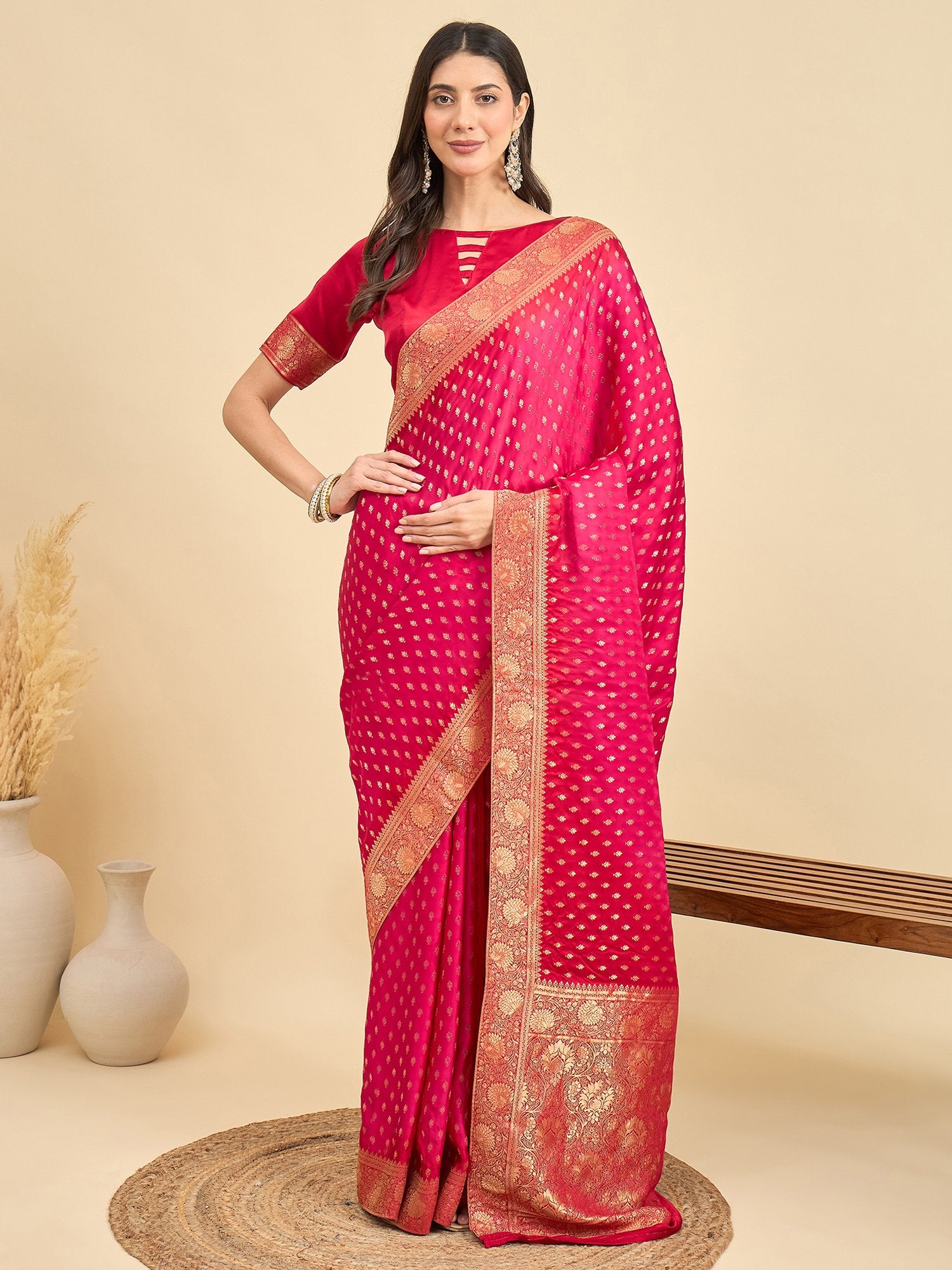 Pink Pink Banarasi Viscose Woven Saree