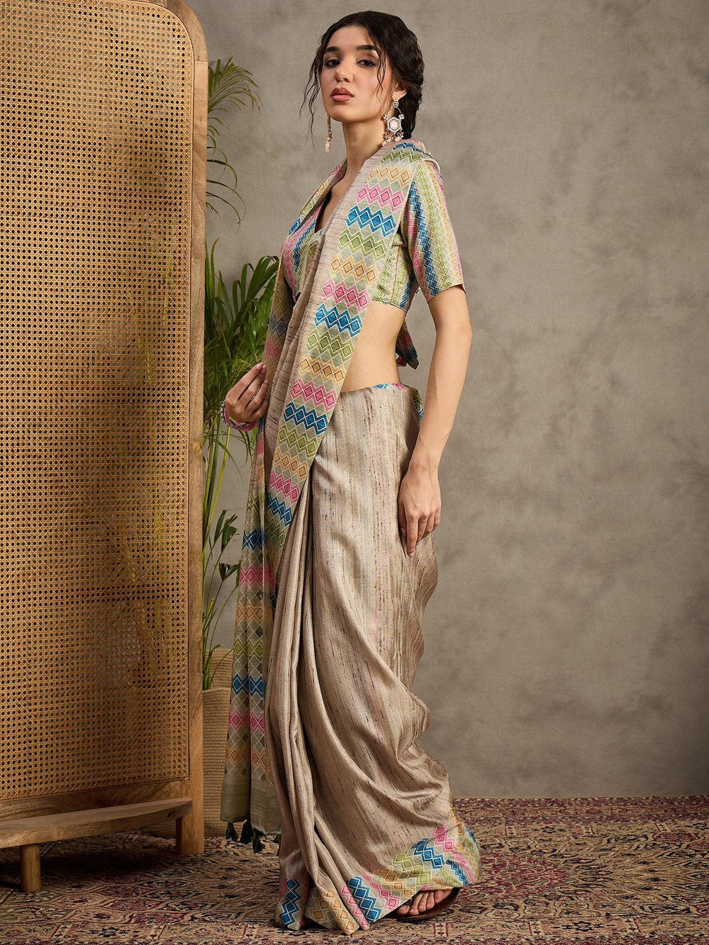 Cream Tussar Satin Silk Printed Saree - The Dori Store