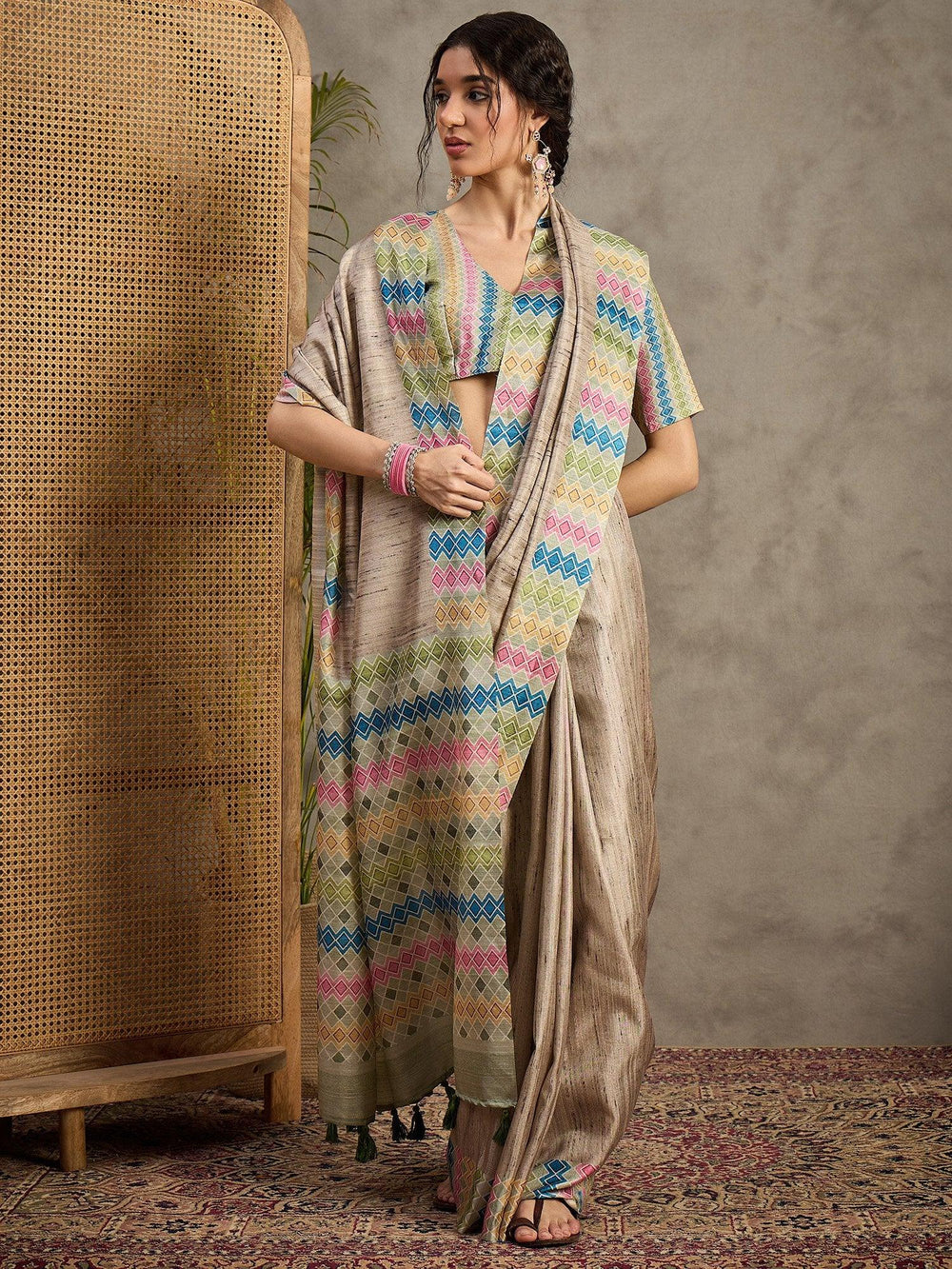 Cream Tussar Satin Silk Printed Saree - The Dori Store