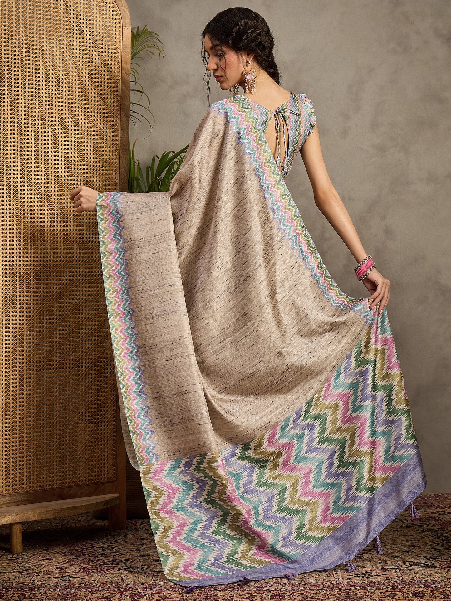 Beige Tussar Satin Silk Printed Saree