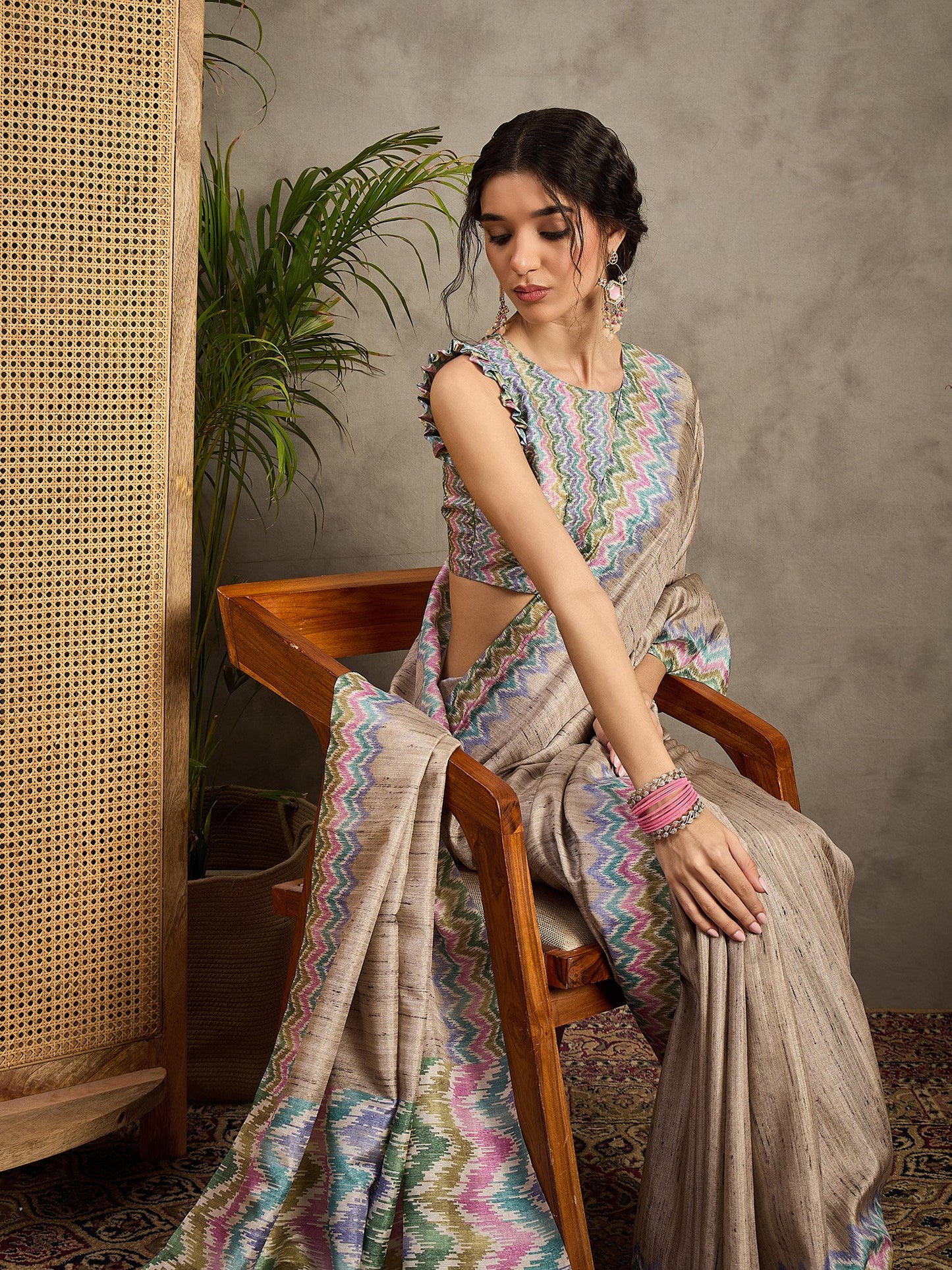 Beige Tussar Satin Silk Printed Saree