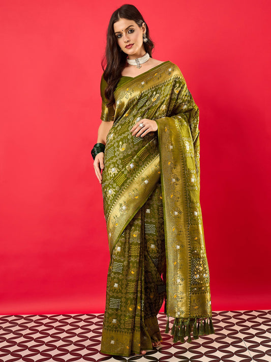 Green Green Bandhani Dola Silk Woven Saree