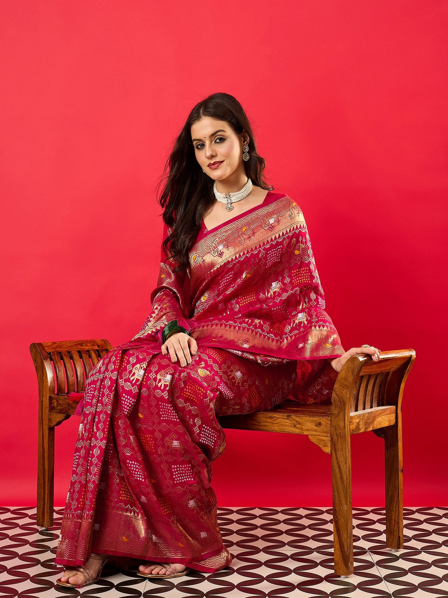 Pink Bandhani Dola Silk Woven Saree