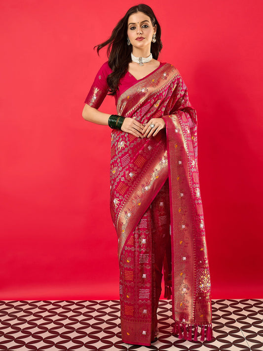Pink Pink Bandhani Dola Silk Woven Saree