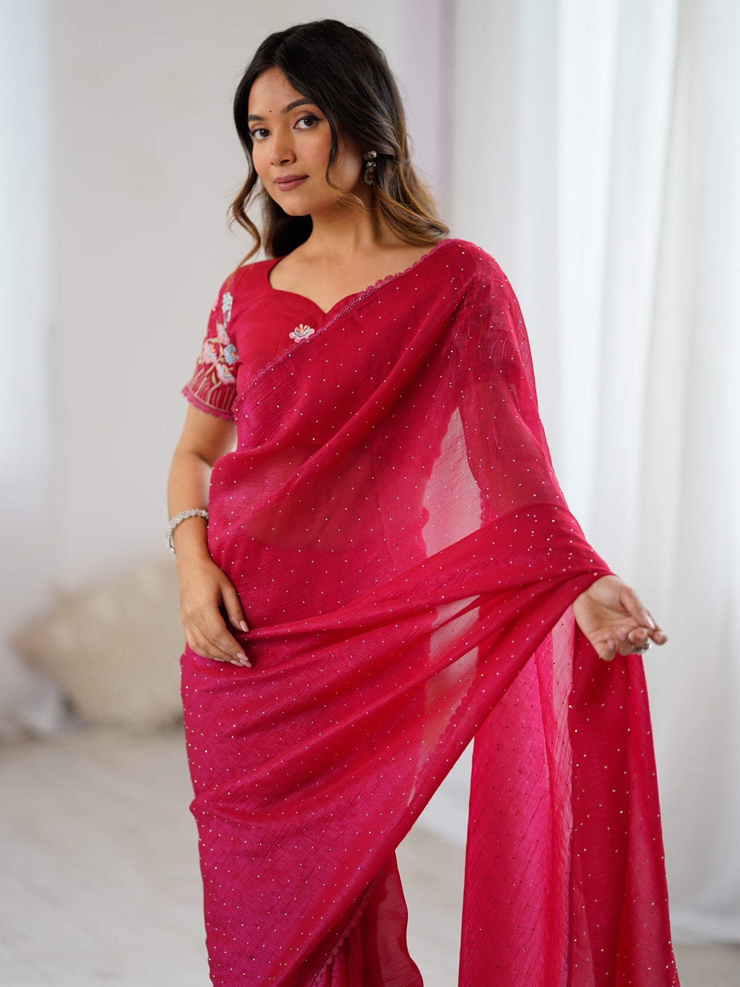 Pink Party Wear Tissue Embellished Saree